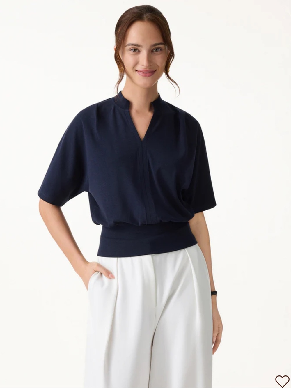 OGL NEW Stand Collar V Neck Short Sleeve Top in Navy Womens Medium Minimalist